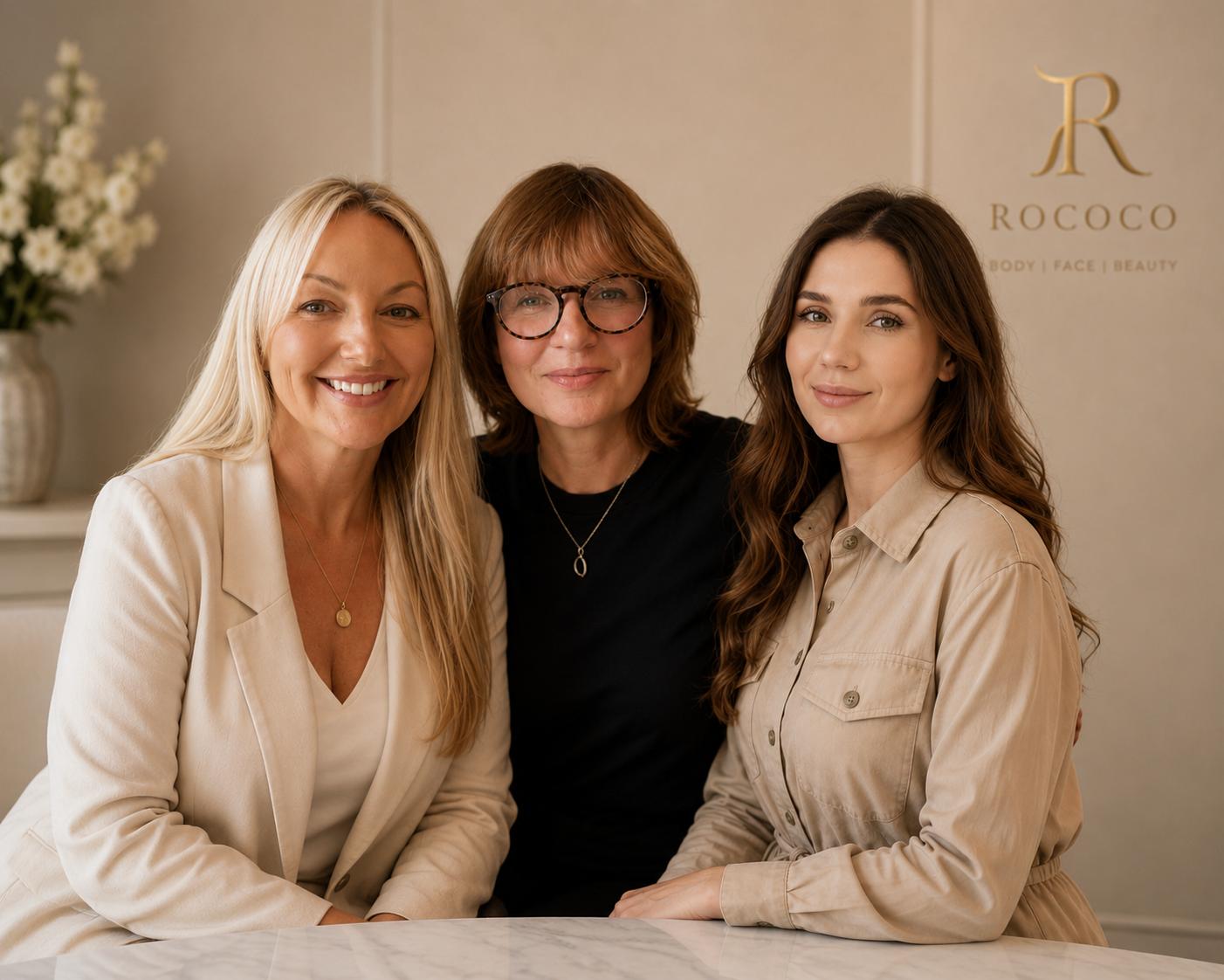 The Rococo team — founder Sarah, Clinical Director Dr Miranda Sen and Nail Technician Taisiya Harding at the Torquay clinic